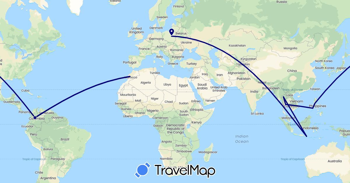 TravelMap itinerary: driving in Colombia, Indonesia, Morocco, Philippines, Poland, Thailand (Africa, Asia, Europe, South America)